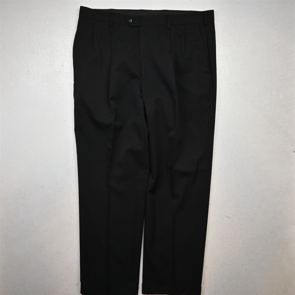 Vtg Y2K 2000s 38x32 Black 100% Wool Pleated Cuffed Classic Dress Mens Pants
